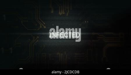 Image of interference over infected text, data processing and computer circuit board Stock Photo