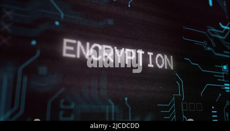 Image of interference over encryption text, data processing and computer circuit board Stock Photo