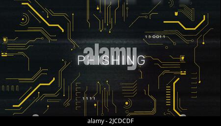 Image of interference over phishing text, data processing and computer circuit board Stock Photo