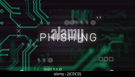 Image of interference over phishing text, data processing and computer circuit board Stock Photo