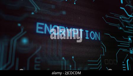 Image of interference over encryption text, data processing and computer circuit board Stock Photo