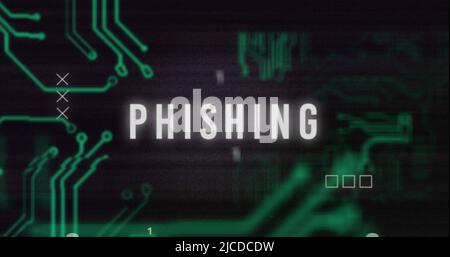 Image of interference over phishing text, data processing and computer circuit board Stock Photo
