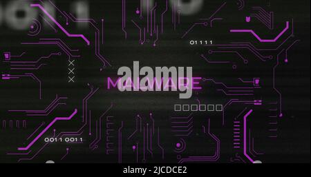Image of interference over malware text, data processing and computer circuit board Stock Photo