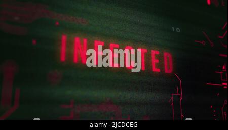 Image of interference over infected text, data processing and computer circuit board Stock Photo