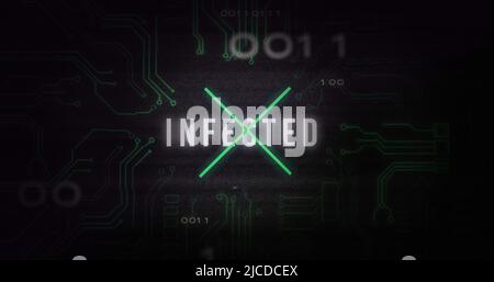 Image of interference over infected text, data processing and computer circuit board Stock Photo