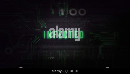 Image of interference over infected text, data processing and computer circuit board Stock Photo