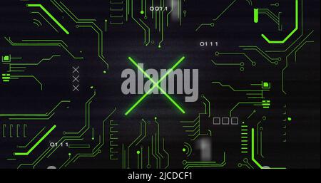 Image of interference over cross, data processing and computer circuit board Stock Photo