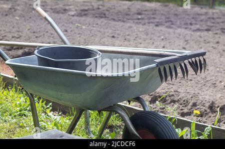 Gray metal garden wheelbarrow with two handles and one wheel. The wheelbarrow is in the garden or garden. Gardener's wheelbarrow in the backyard. Gard Stock Photo