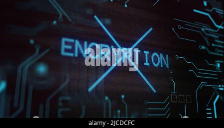 Image of interference over encryption text, data processing and computer circuit board Stock Photo
