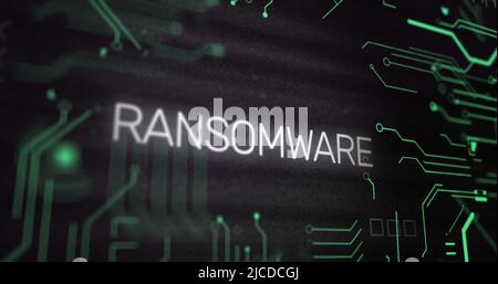 Image of interference over ransomware text, data processing and computer circuit board Stock Photo