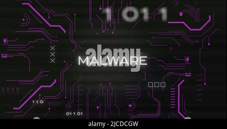 Image of interference over malware text, data processing and computer circuit board Stock Photo