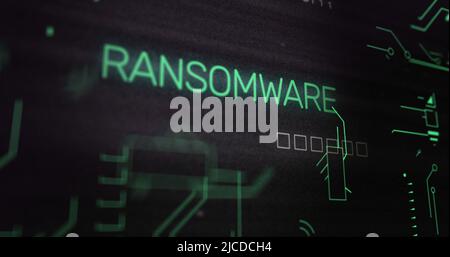 Image of interference over ransomware text, data processing and computer circuit board Stock Photo