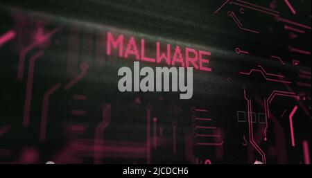 Image of interference over malware text, data processing and computer circuit board Stock Photo
