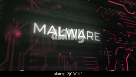 Image of interference over malware text, data processing and computer circuit board Stock Photo