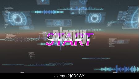 Image of start text and data processing on black background Stock Photo