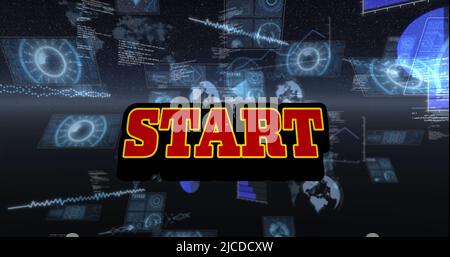Image of start text and data processing on black background Stock Photo