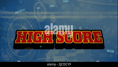 Image of high score text and data processing on blue background Stock Photo