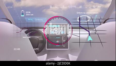 Image of speedometer, gps and status data interface, over self driving car interior Stock Photo