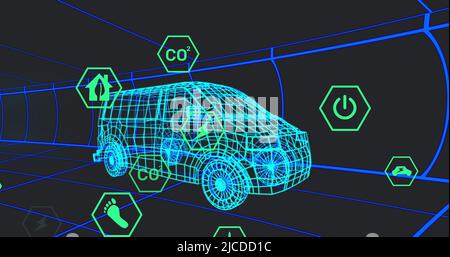 Image of icons processing status data over 3d van model moving on black background Stock Photo