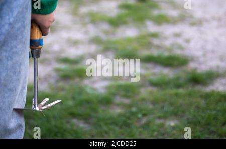 Caucasian woman gardener in the garden shows a rake. The concept of gardening and sustainable summer. Woman's hand with a garden tool. Chopper rake fo Stock Photo