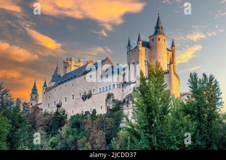 The Alcazar of Segovia at sunset, in Castilla y Leon, Spain Stock Photo