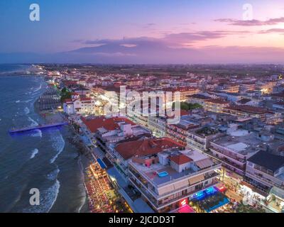 Aerial panorama view over the coastal town of Paralia Katerini, Greece at sunset. Located about 8 Km from the city of Katerini in Pieria, central Mace Stock Photo