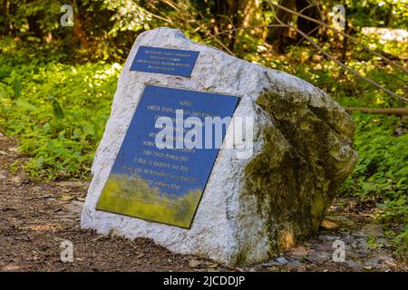 Swiety Krzyz, Poland - June 5, 2022: Duke Czartoryski stone memorial on top of Lysa Gora, Swiety Krzyz mount at Benedictive Abbey in Swietokrzyskie Stock Photo