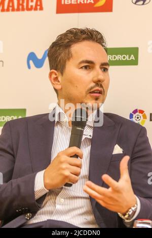 June 12, 2022: June 12, 2022 (Malaga) Jorge Lorenzo was one of the great stars of the MARCA Sport Weekend in Malaga. The pentachampion participated in the tribute to Dorna for his 30 years in the MotoGP World Championship. Jorge Lorenzo is a former Spanish motorcyclist. He was a two-time 250cc world champion in 2006 and 2007, and a three-time MotoGP world champion in 2010, 2012 and 2015. In addition, it has three runners-up in the queen category, 2009, 2011 and 2013. He has competed with the Movistar Yamaha MotoGP team from 2008 to 2016, Ducati from 2017 to 2018, and Repsol Honda in 2019. Accu Stock Photo