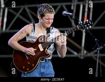 Berlin, Germany. 12th June, 2022. Singer Adrianne Lenker of the US band Big  Thief performs on stage at the Tempelhof Sounds Festival on the grounds of  the former Berlin Tempelhof Airport. Credit