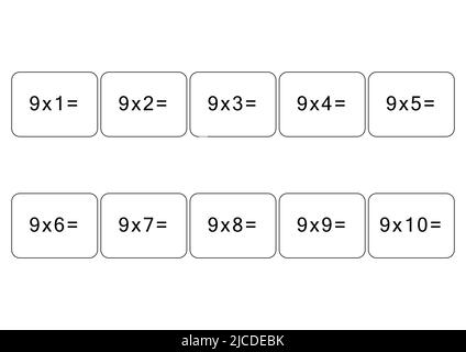 Multiplication and division table of 9. Maths card with an example, drawing. Multiplication Square, vector illustration. Printed products, banner Stock Vector