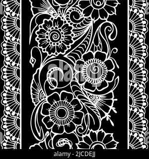 seamless repeat oriental border, outline white floral pattern on black background, texture, frame Stock Vector