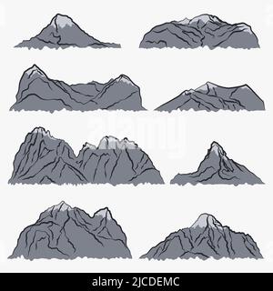 Set with silhouettes of different grey mountains. Stock Vector