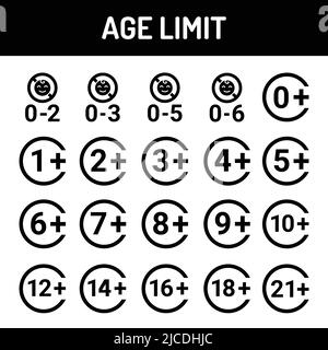 Age limit 0-21 plus line icons set. Isolated vector element. Outline pictograms for web page, mobile app, promo. Editable stroke. Stock Vector