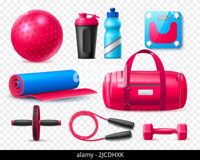 Realistic gym fitness accessories. Frame background with place for text,  training yoga equipment, sports devices, female workout objects, 3d  skipping rope, dumbbell, utter vector concept Stock Vector