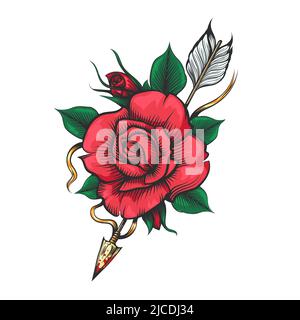Tattoo of Rose Flower and Arrow. Love theme illustration isolated on white background. Vector illustration. Stock Vector