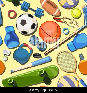Sports equipment for athletes. Square seamless pattern. Yellow background. Colorful Illustration Vector Stock Vector