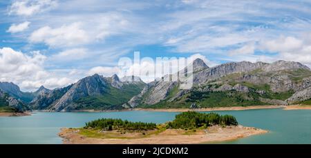 Panoramic view od reservoir in mountains of Picos de Europa. Cantabrian, Riano, province of Leon. Castile and Leon, northern Spain Stock Photo