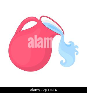 Ceramic, glossy pitcher. Clay jug of water, water is pouring. Dishes for liquid. Ceramics. Isolated white Stock Vector