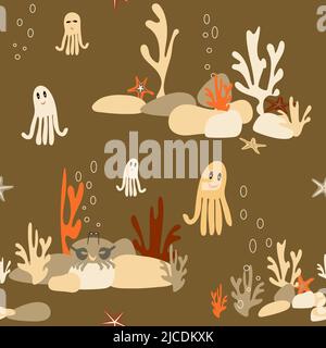 multicolored marine life on the rocks seamless pattern without background Stock Vector