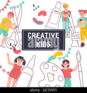 Kids Paper Craft Together In Kindergarten Vector Stock Vector Image ...