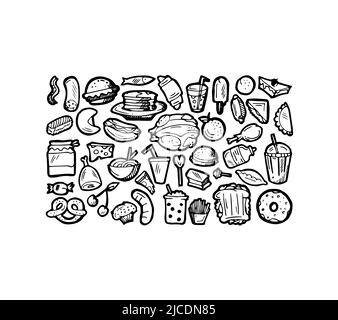 Set of food. Baking buns and meat dishes. Hand drawing outline. Isolated on white background. Monochrome drawing. Vector Stock Vector