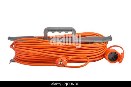 Orange electrical extension cord with plug and socket wrapped around plastic holder isolated on white background Stock Photo