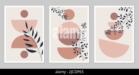 Modern minimalist abstract aesthetic illustrations. Wall decor in bohemian style. Collection of modern art posters. Composition of simple figures. Abs Stock Vector