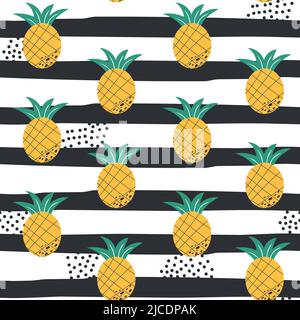 Vector seamless summer pattern with pineapples on black and white striped background. Hand drawn style pattern Stock Vector