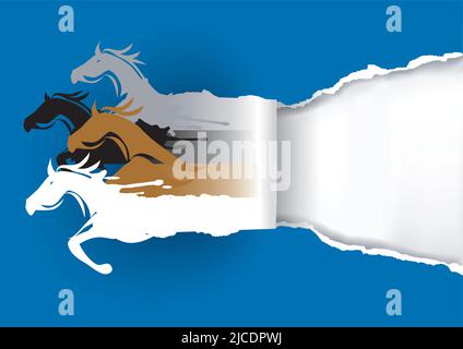Paper Horses ripping paper. Illustration of four horses silhouettes tearing blue paper background. Banner template. Vector available. Stock Vector