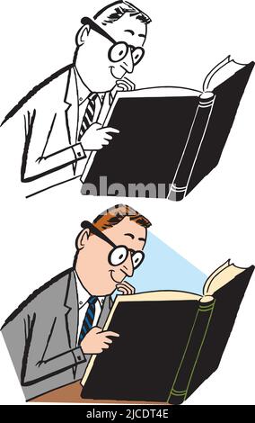 A vintage retro cartoon of a businessman reading something interesting in a leather bound book. Stock Vector