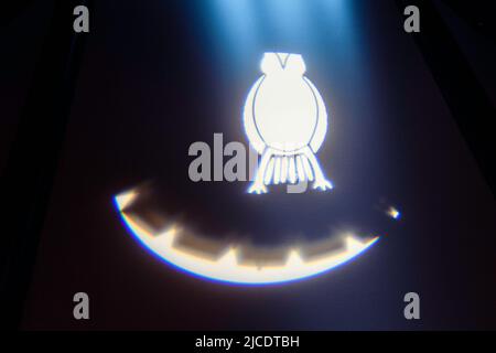 An illuminated owl and moon are depicted on a teepee at the Blackfoot Crossing Historical Park. Siksika Nation Alberta Canada Stock Photo