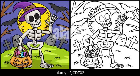Skeleton Halloween Coloring Colored Illustration Stock Vector