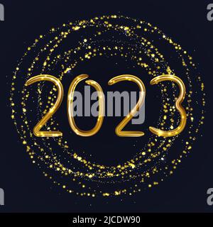 2023 Happy New Year. Shining 3D inscription, gold glitter pattern in circle form on dark. Abstract gold glowing halftone dotted background. Great for Stock Vector