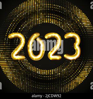 2023 Happy New Year. Shining 3D inscription, gold glitter pattern in circle form on dark. Abstract gold glowing halftone dotted background. Great for Stock Vector